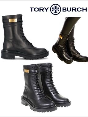 Tory Burch T Hardware Black Leather Lace-Up Combat Boots with Gold Plaque